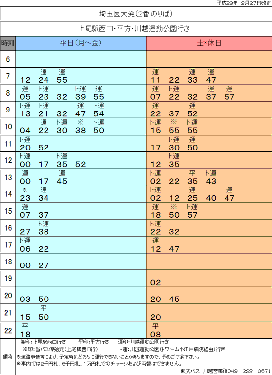 Bus timetable From Saitama Medical Center