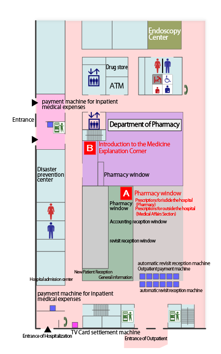 薬剤部窓／お薬説明コーナーの案内図